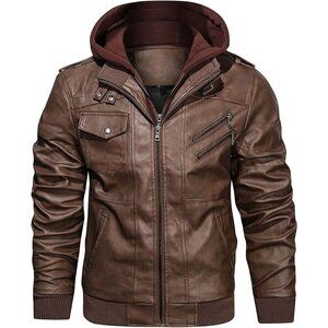 🆕 Men Brown Faux Leather Zipper Motorcycle Bomber Jacket Stand Collar PU Hood